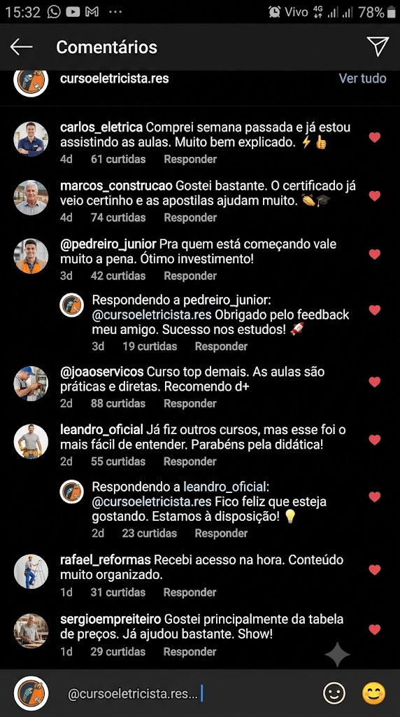 Comentários reais de alunos no Instagram do Curso Eletricista Residencial